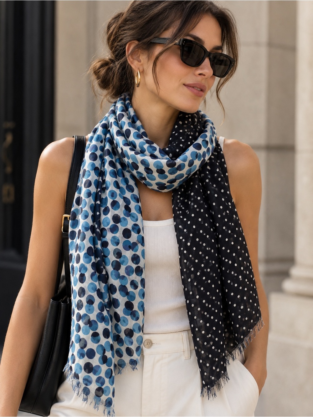 Stefanel Two-Tone Polka Dot Lightweight Scarf Blue Black White